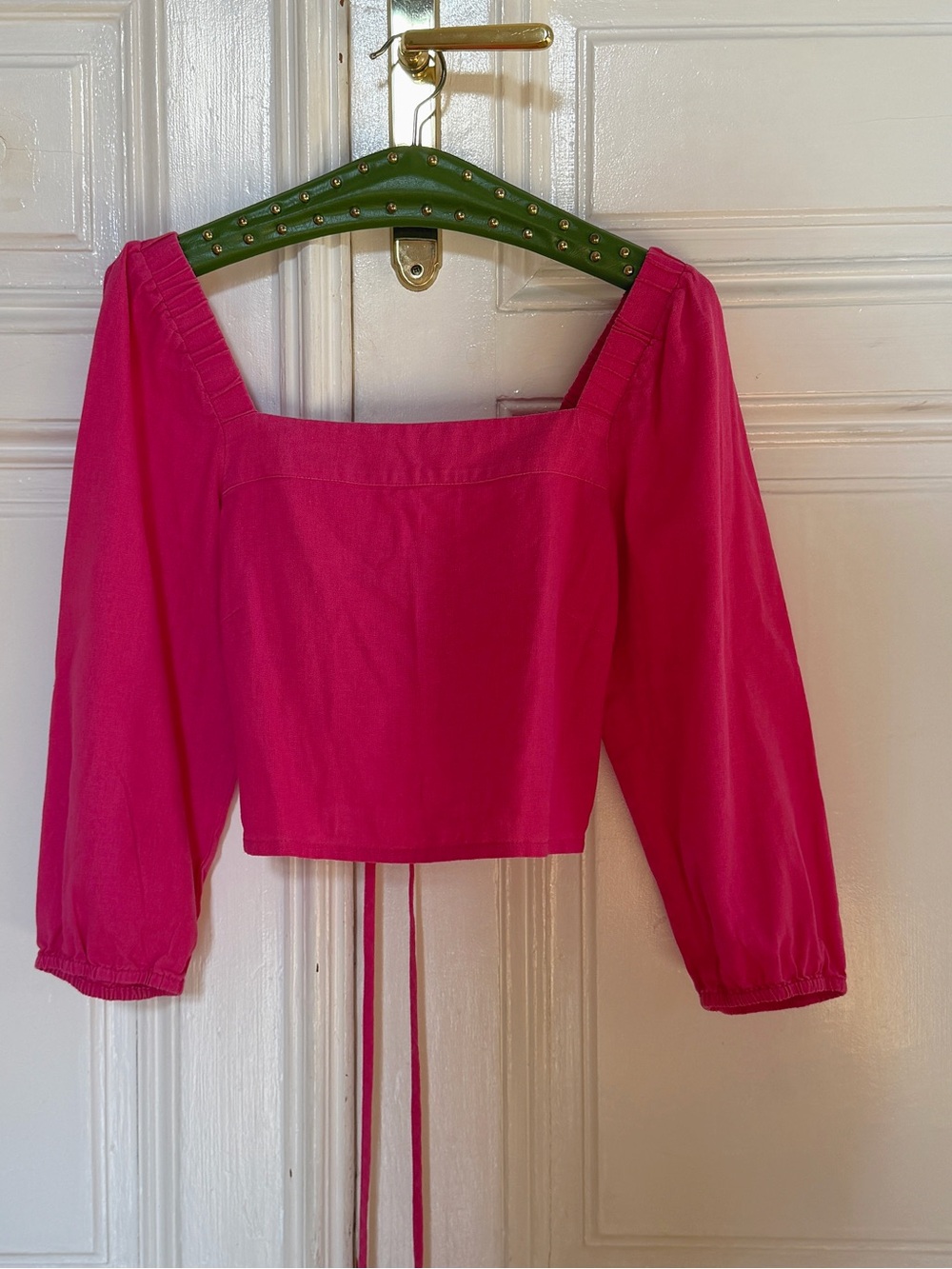 Only Hot Pink Square-Neck Crop Top with Puff Sleeves